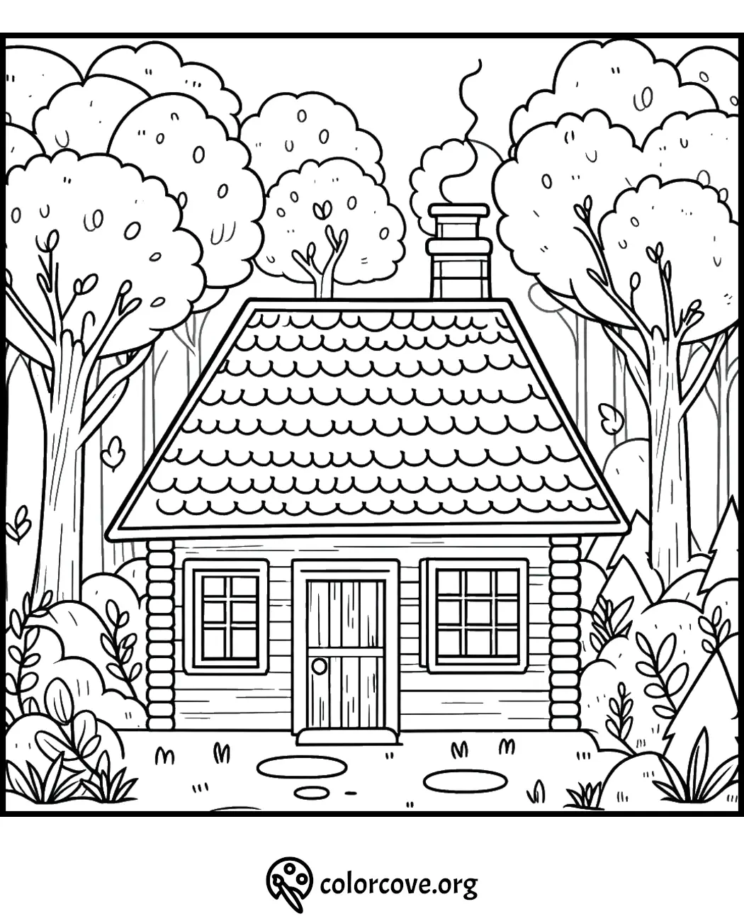 Coloring page of a cozy log cabin surrounded by trees in a forest setting, ideal for creative coloring fun.