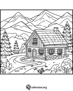 Coloring page of a cozy cabin in the woods with mountains in the background.