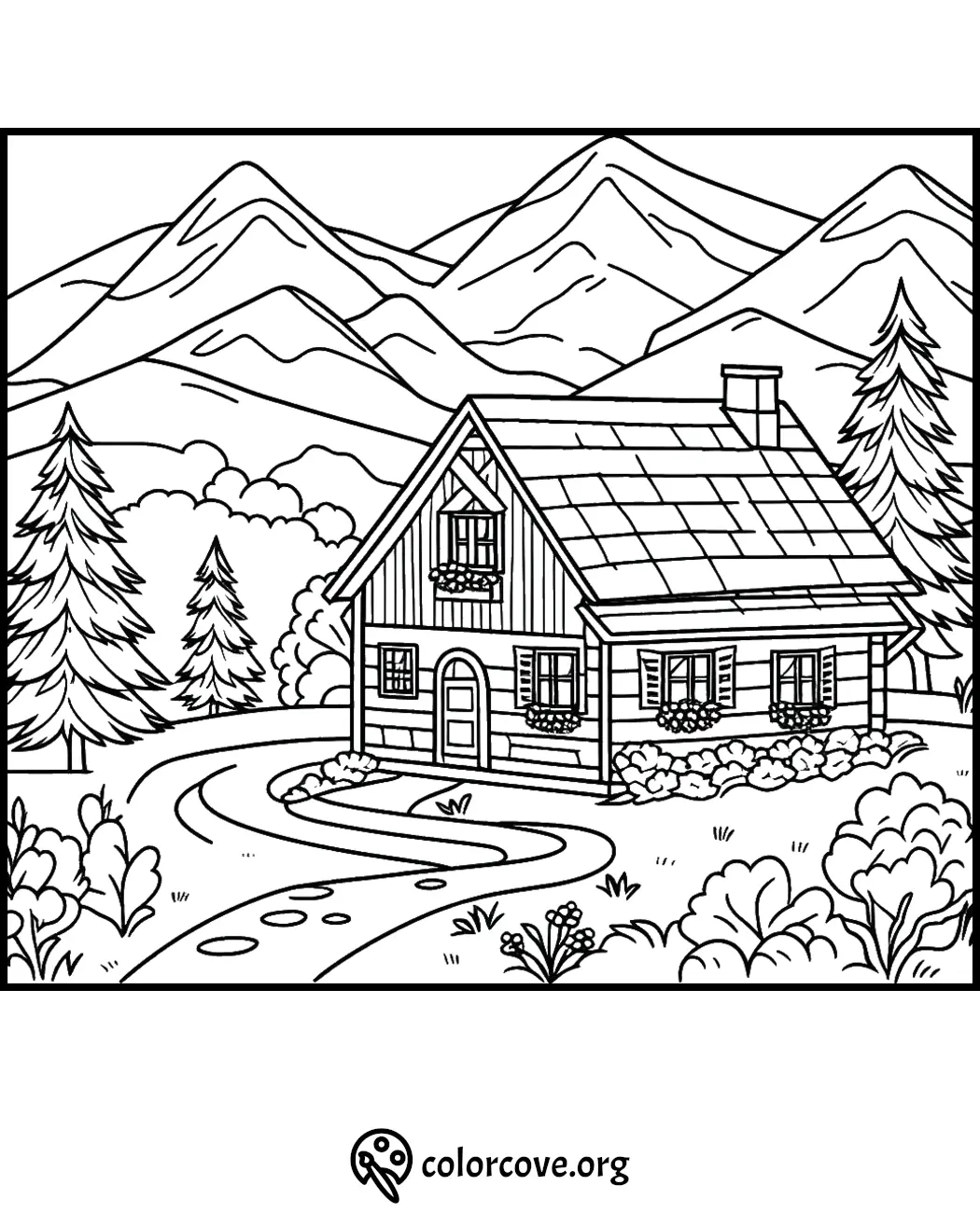 Coloring page of a cozy cabin in the woods with mountains in the background.