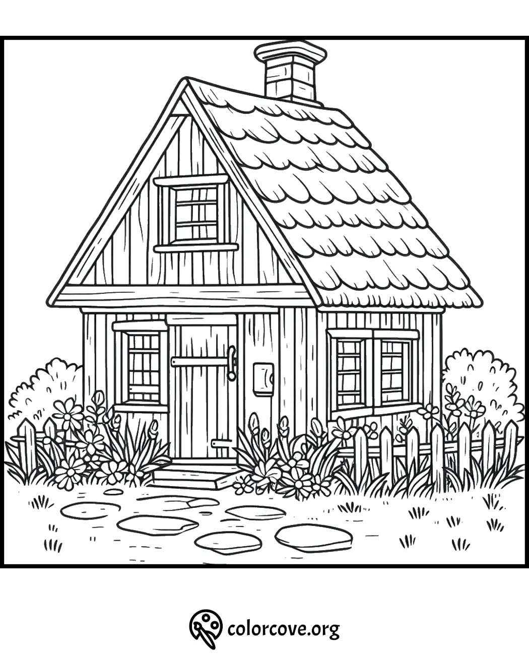 Charming cottage coloring page with a garden and picket fence. Perfect for kids and relaxation.