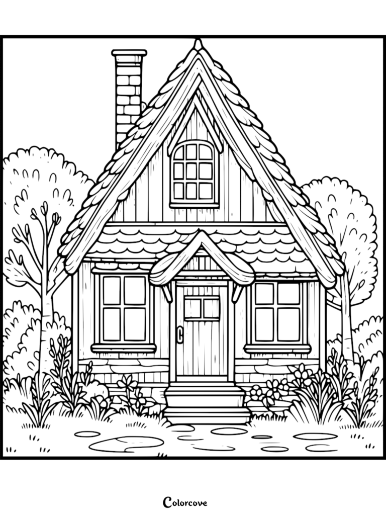 A detailed cozy cottage coloring page featuring a steep roof, stone chimney, and lush garden surroundings.