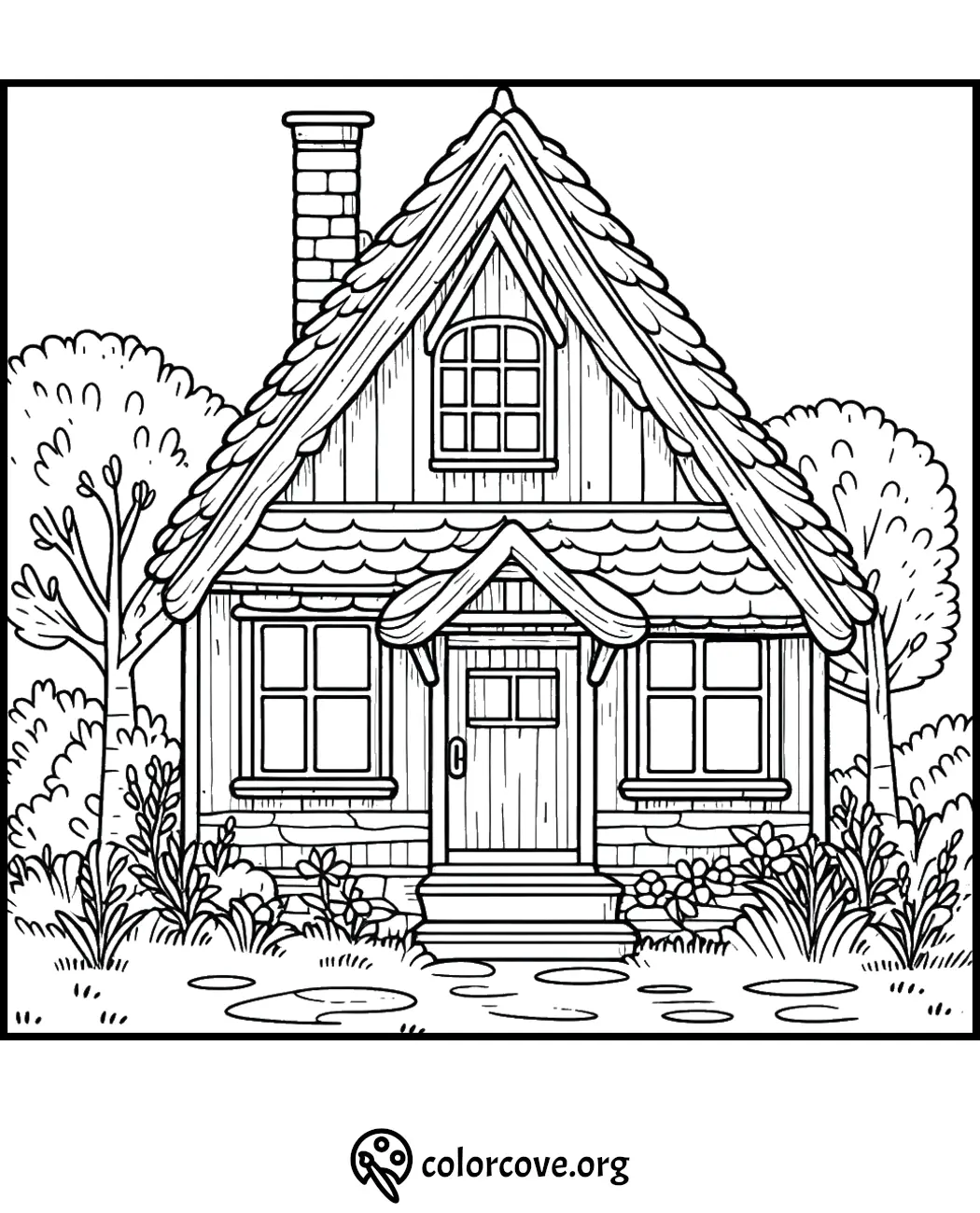 Charming cottage coloring page with trees and flowers, perfect for creative fun and relaxation for all ages.