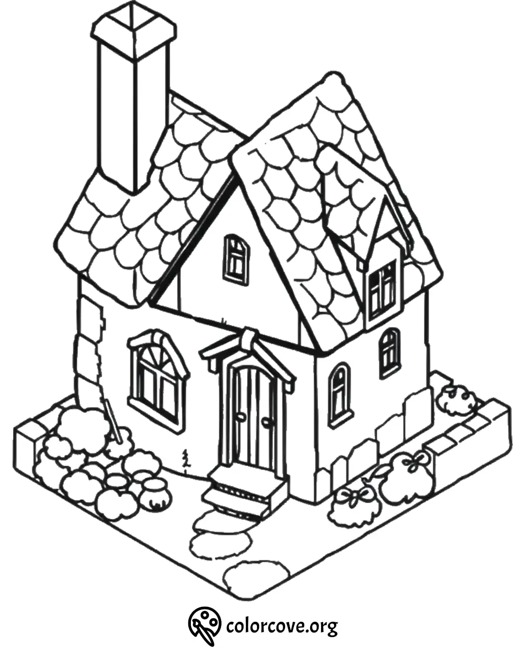 Coloring page of a cozy cottage with a chimney, arched windows, and stone path surrounded by bushes and flowers.