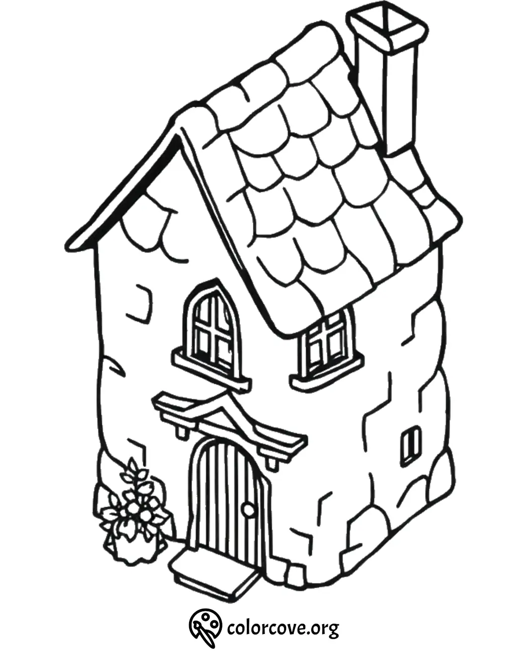 Coloring page of a charming stone cottage, featuring an arched door, windows, chimney, and a small flower patch.