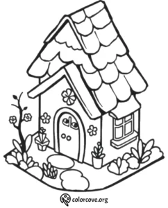 Fairy-tale cottage coloring page with flowers, plants, and a stepping stone path. Perfect for kids' creative coloring fun.