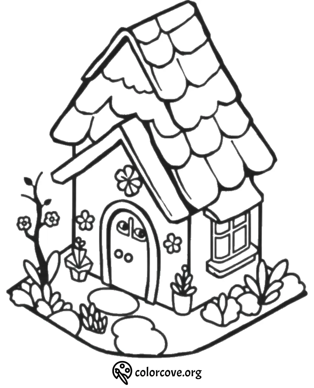 Fairy-tale cottage coloring page with flowers, plants, and a stepping stone path. Perfect for kids' creative coloring fun.