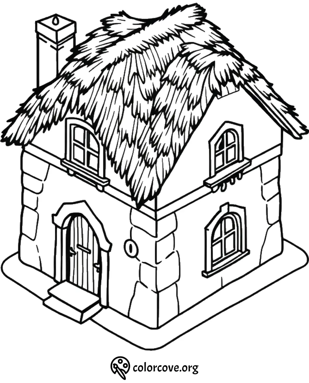 Coloring page of a quaint cottage with a thatched roof and stone walls, ideal for creative coloring activities.