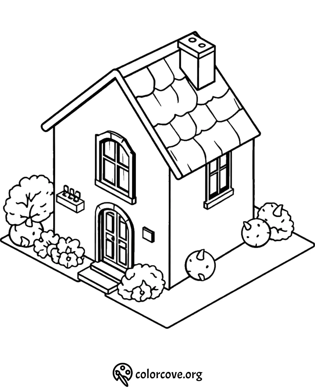 Simple house coloring page with garden. Perfect for kids to explore creativity. Printable home activity.