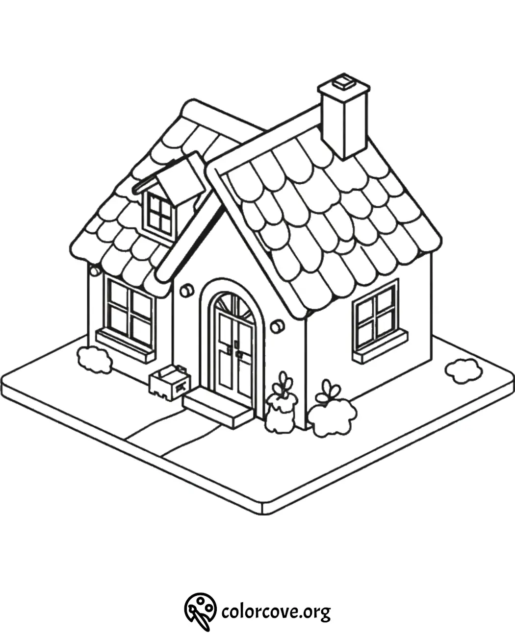 Coloring page featuring a charming cottage with a tiled roof, chimney, arched door, and windows. Perfect for kids and adults.