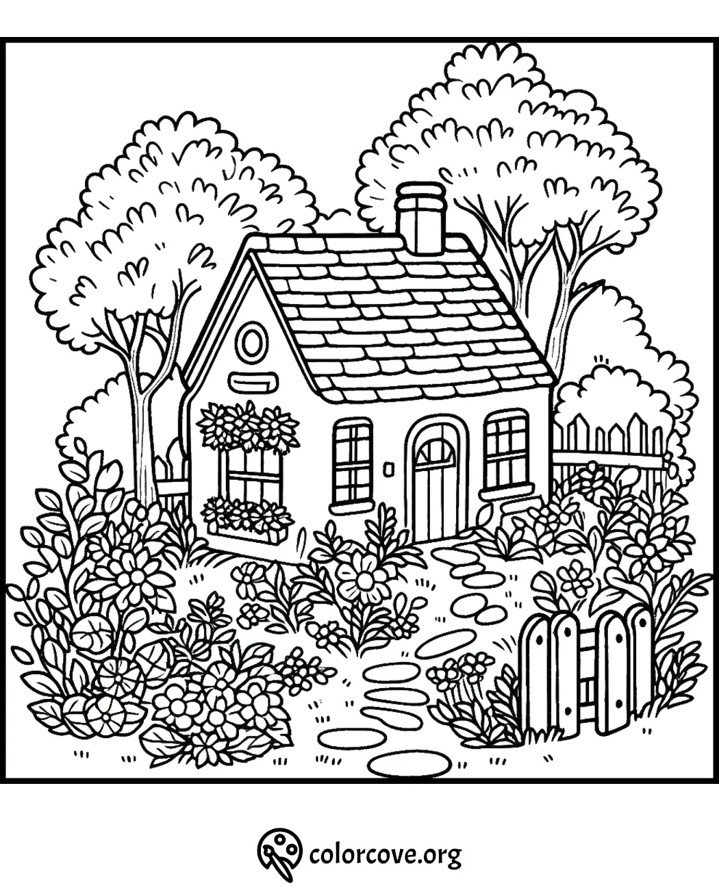 Cute cottage coloring page with garden, trees, and picket fence. Perfect for kids to color and explore creativity.