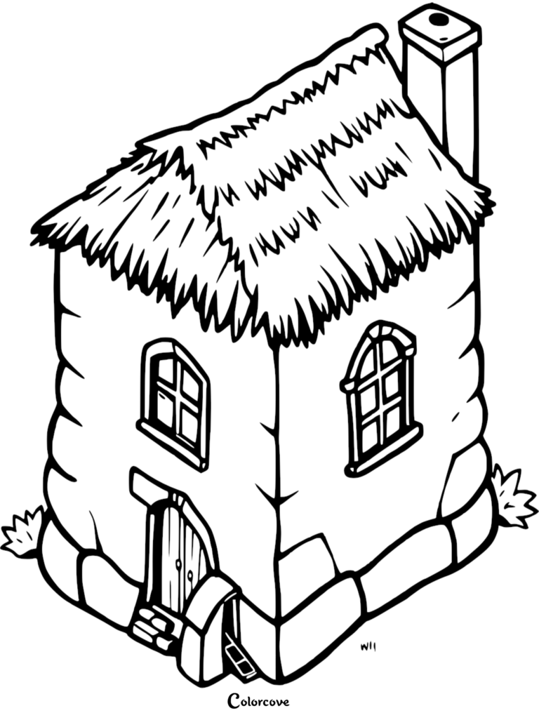 A printable coloring page featuring a cozy cottage with a thatched roof, stone base, and chimney.