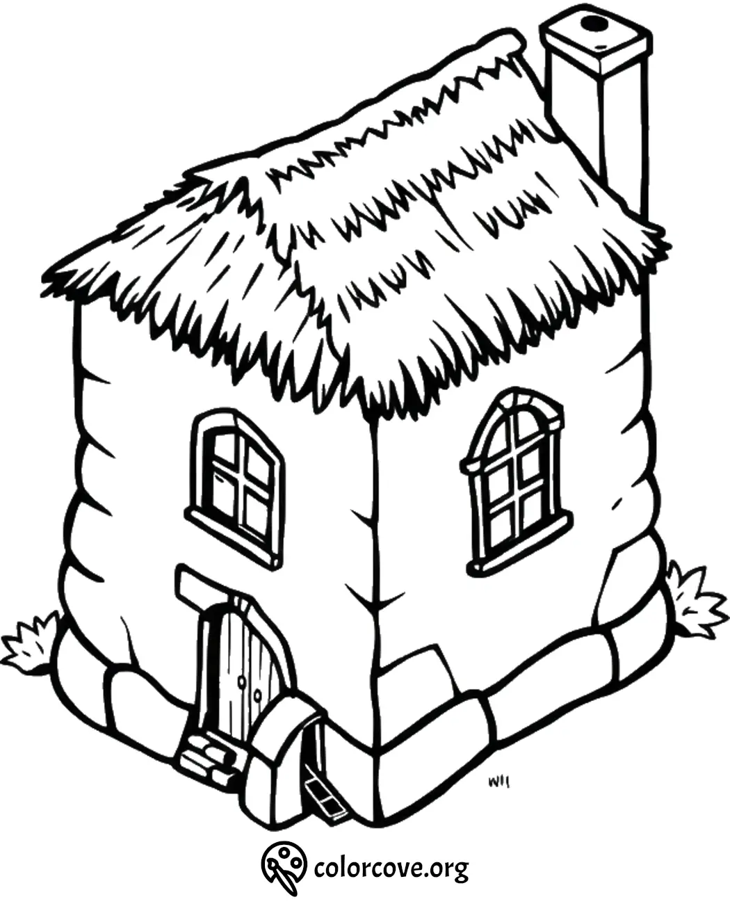 Coloring page of a charming thatched-roof cottage with stone walls, inviting door, and arched windows.