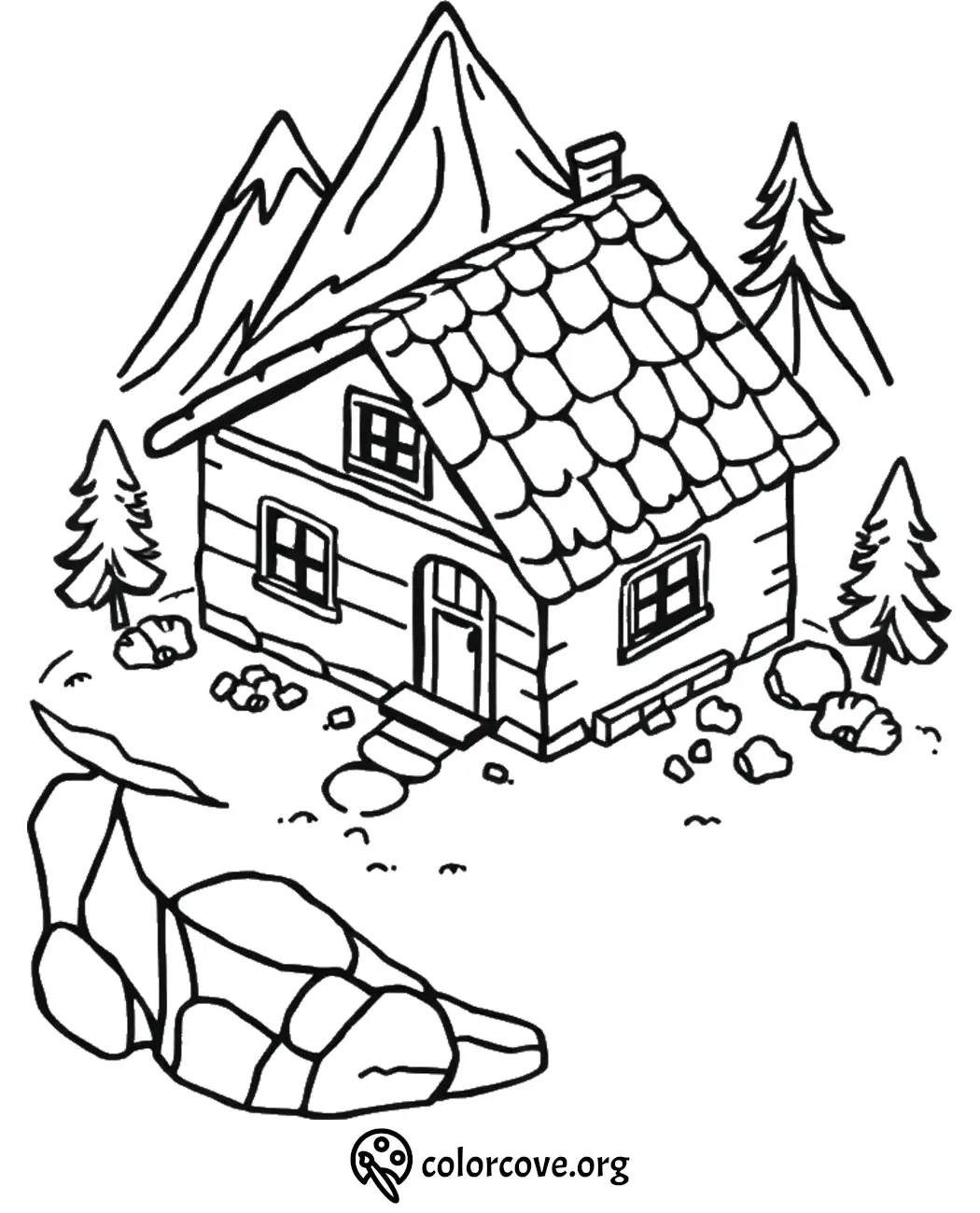 Coloring page: cozy log cabin in a mountain landscape with trees and rocks.