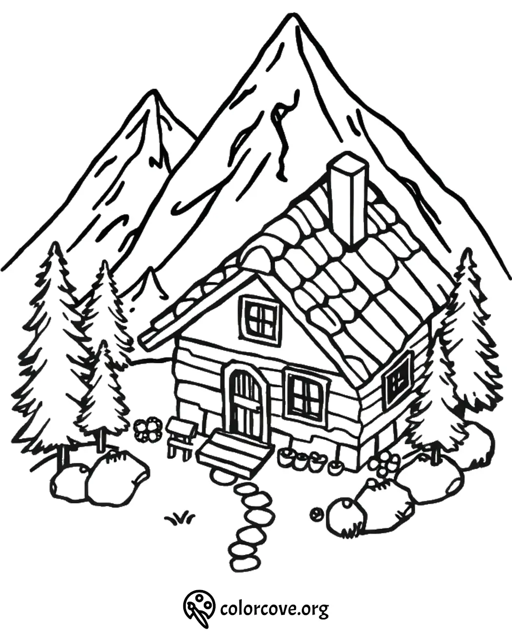 Charming cabin coloring page with mountains and trees in a peaceful landscape, perfect for kids and adults.