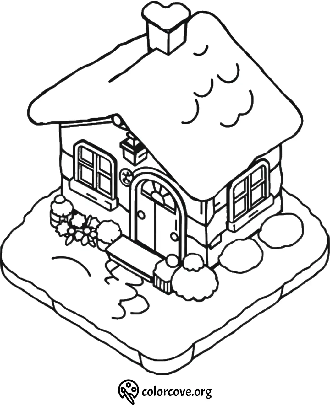 Coloring page of a cozy cottage with a chimney and garden, perfect for kids' creative activities.