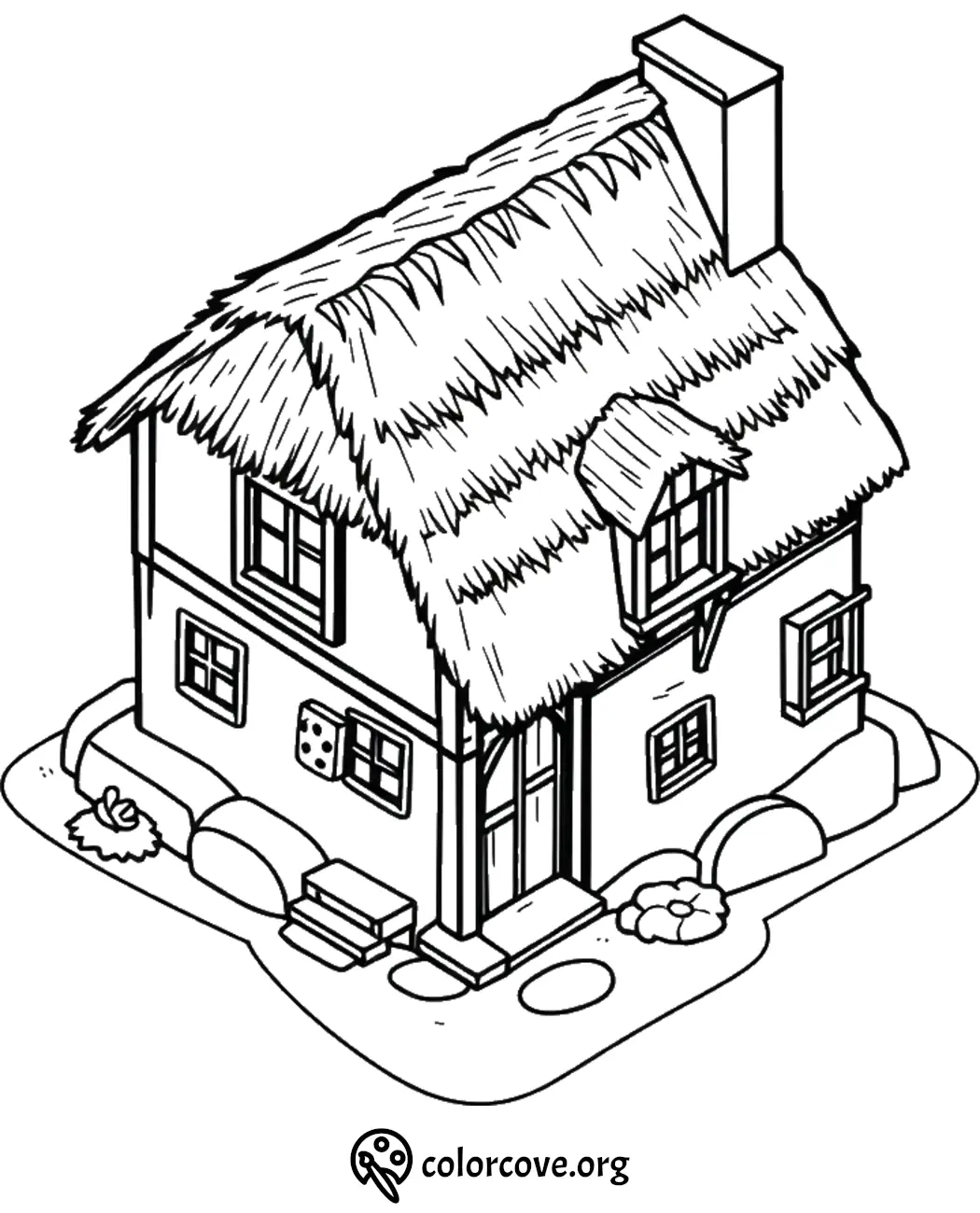 Charming cottage coloring page with thatched roof, perfect for kids to color and explore creativity.