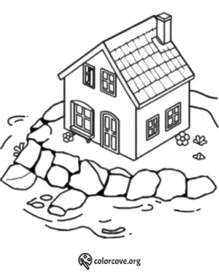 Cozy cottage on a riverbank coloring page with stones, flowers, and a scenic view. Perfect for kids' creative fun.