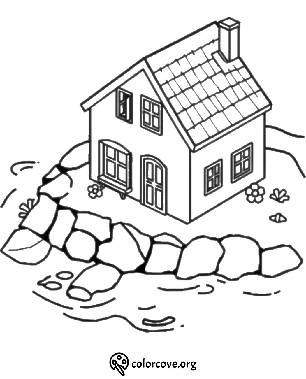 Cozy cottage on a riverbank coloring page with stones, flowers, and a scenic view. Perfect for kids' creative fun.