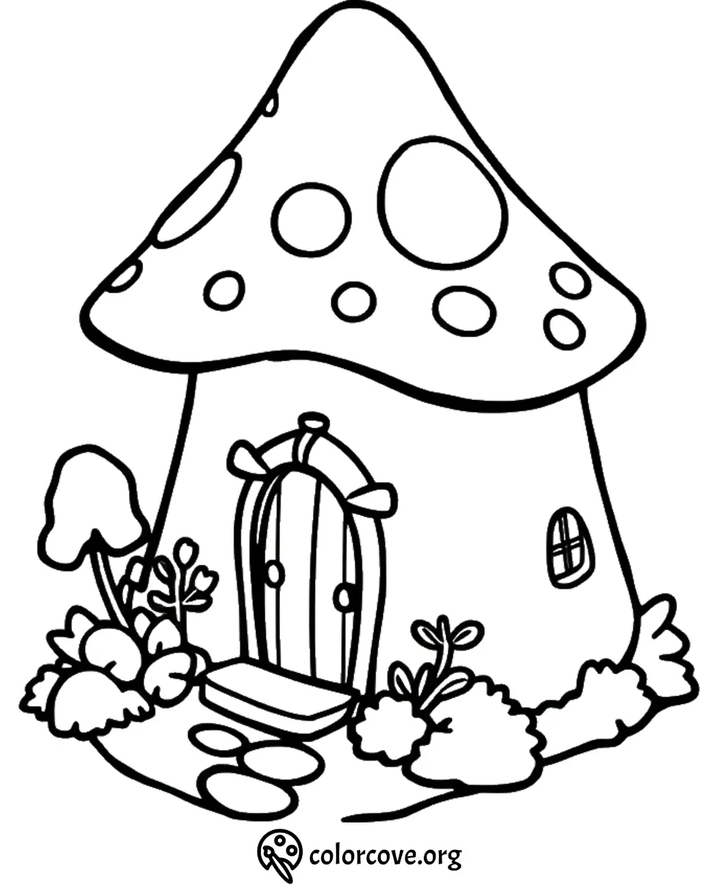 Mushroom house coloring page with whimsical door and garden, perfect for kids' creativity and imagination.