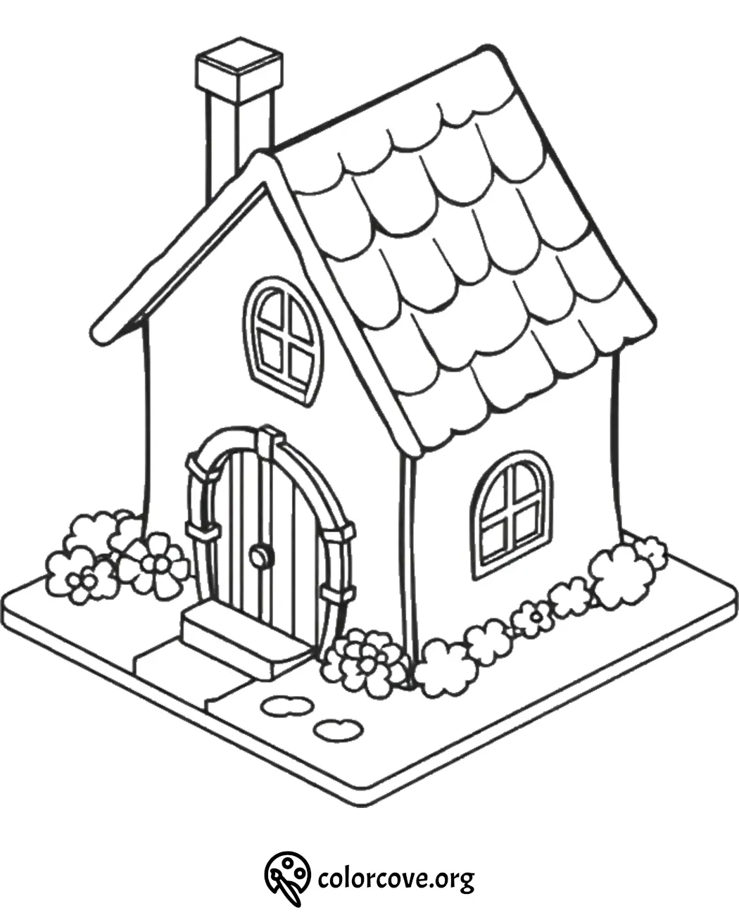 Coloring page of a quaint cottage with flowers, arched door, and chimney. Perfect for kids' creativity and fun.