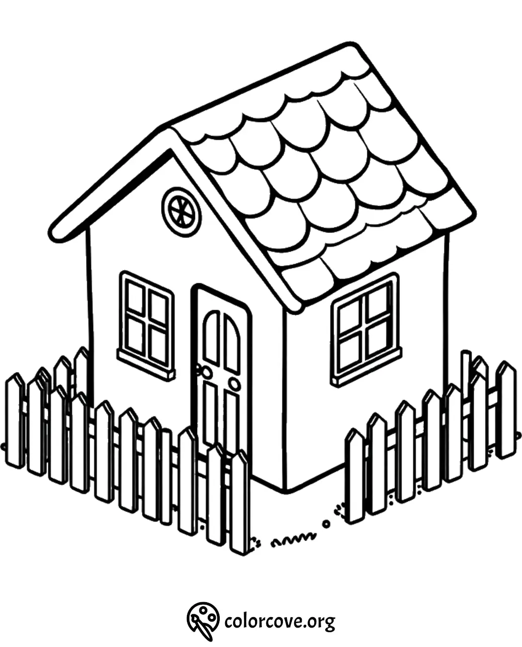 Printable coloring page of a cozy house with a picket fence for kids. Coloring fun for creative playtime!