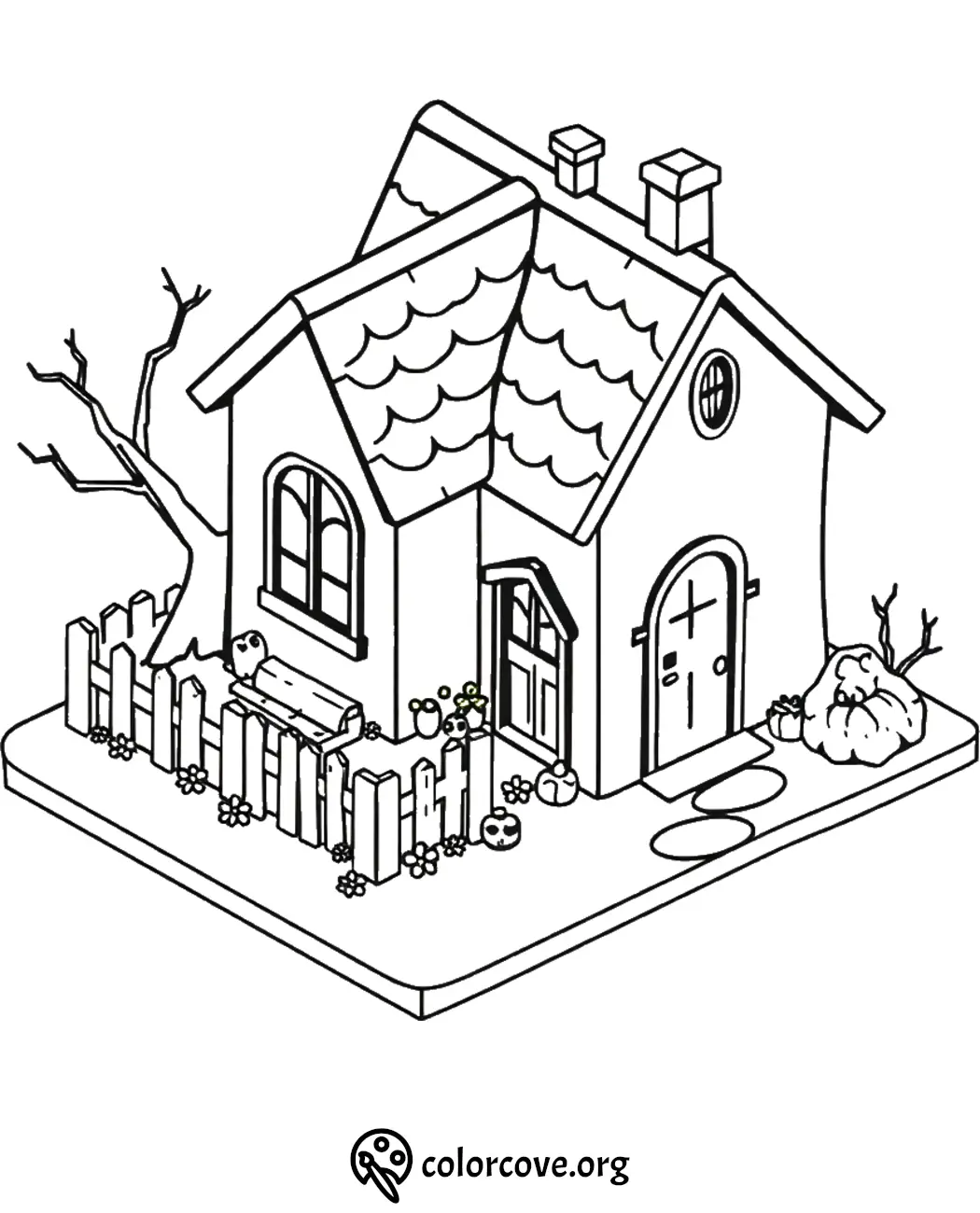 Cozy cottage coloring page with picket fence and autumn decor, ready for artistic coloring.