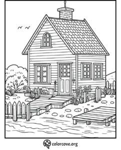 Coloring page of a cozy lakeside cottage with a wooden dock, surrounded by trees and a picket fence.
