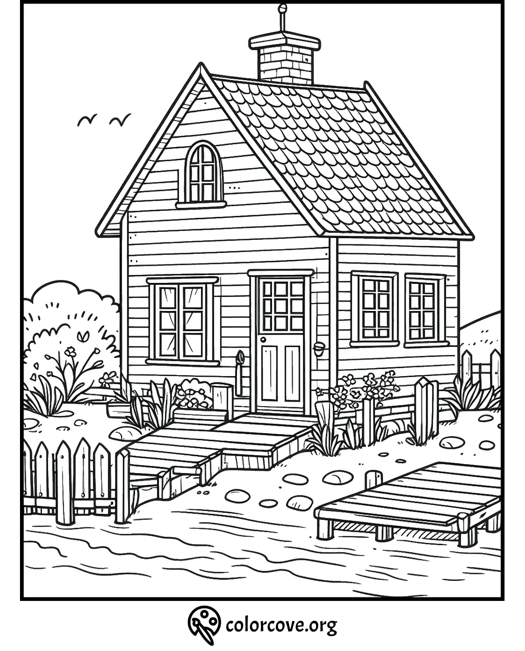 Coloring page of a cozy lakeside cottage with a wooden dock, surrounded by trees and a picket fence.