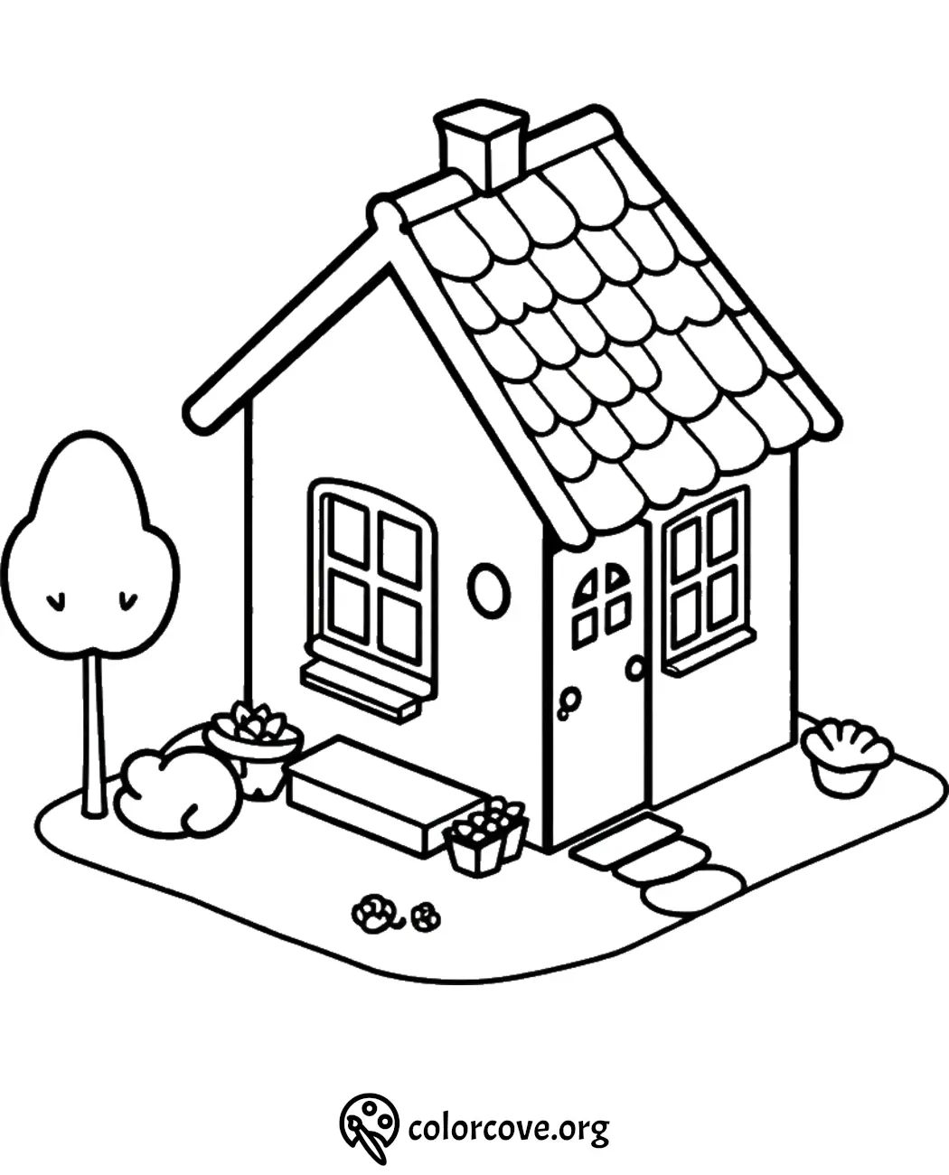 Cute house coloring page with tree and porch. Ideal for kids' art activities and creativity.