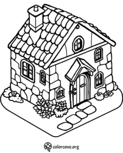 Cozy stone cottage coloring page with chimney and garden. Ideal for kids' creativity and relaxation activities.