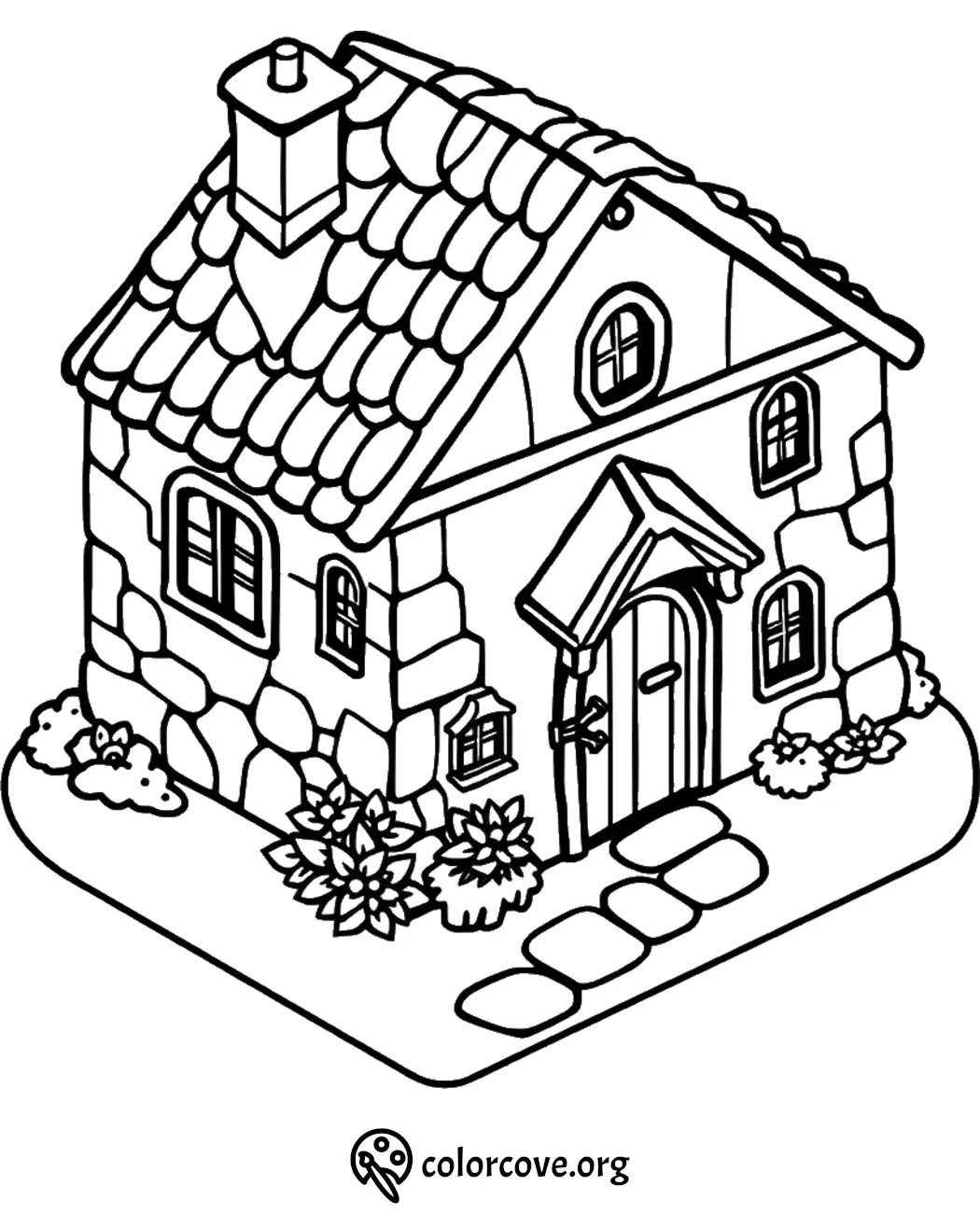 Cozy stone cottage coloring page with chimney and garden. Ideal for kids' creativity and relaxation activities.