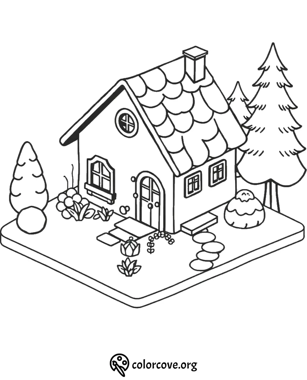 Charming cottage coloring page with trees and garden, perfect for kids and adults to explore creativity.