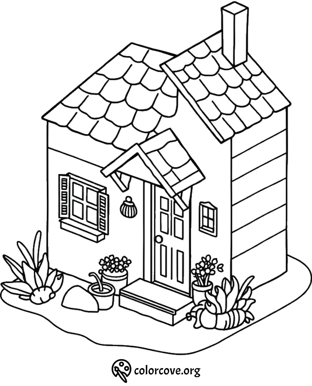 Cozy cottage coloring page with plants and a chimney, perfect for kids' creative drawing activities.