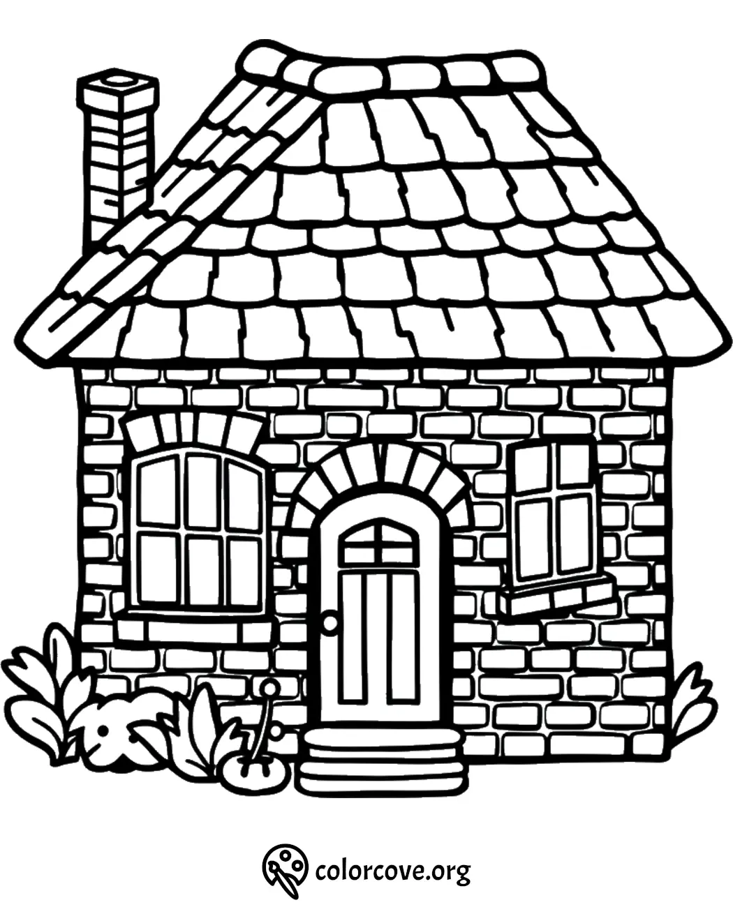 Cute cottage coloring page with brick walls and a garden, perfect for kids and adults to color creatively.