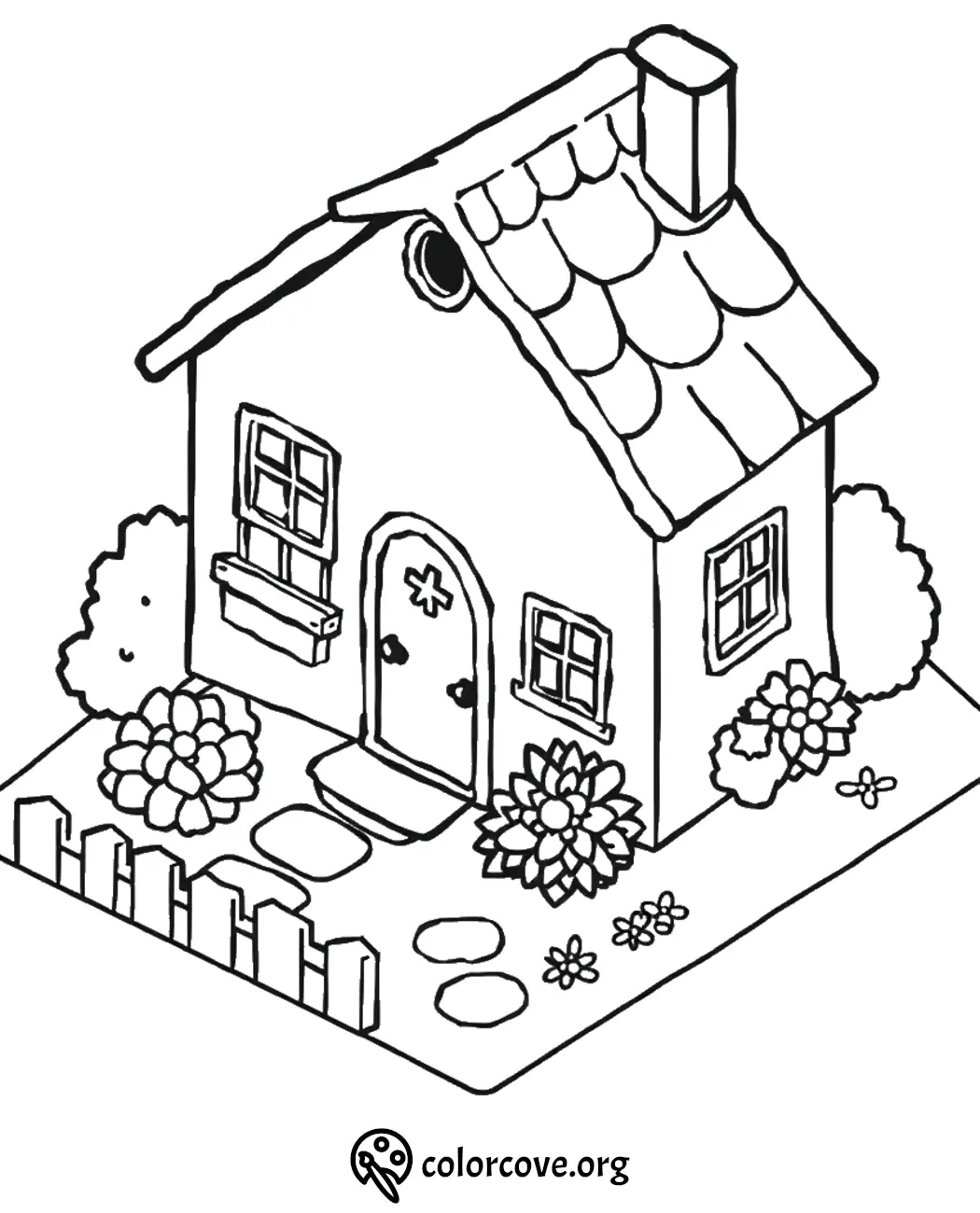 Coloring page of a cute house with garden, flowers, and picket fence; ideal for kids' coloring activities.