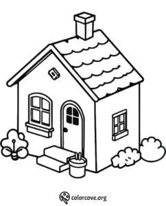 Coloring page of a simple house with chimney, front steps, and bushes; ideal for kids' coloring activities.