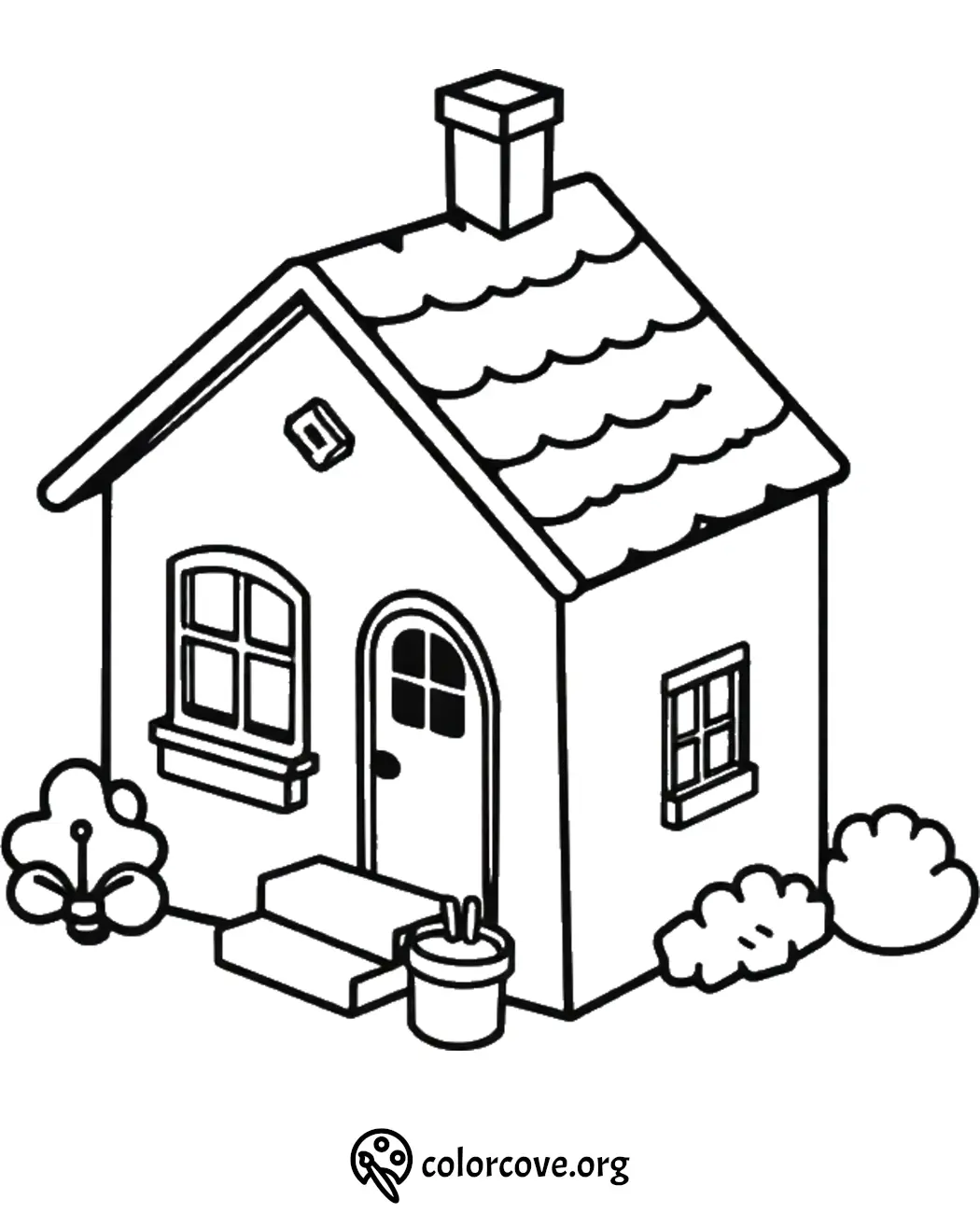 Coloring page of a simple house with chimney, front steps, and bushes; ideal for kids' coloring activities.