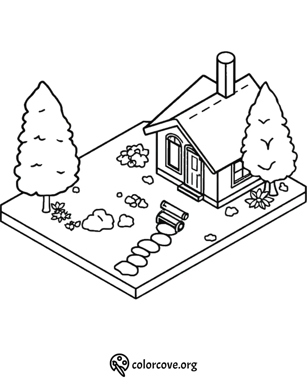 Cozy cabin coloring page with trees and garden path, inviting creativity and relaxation. Perfect for nature-themed art.