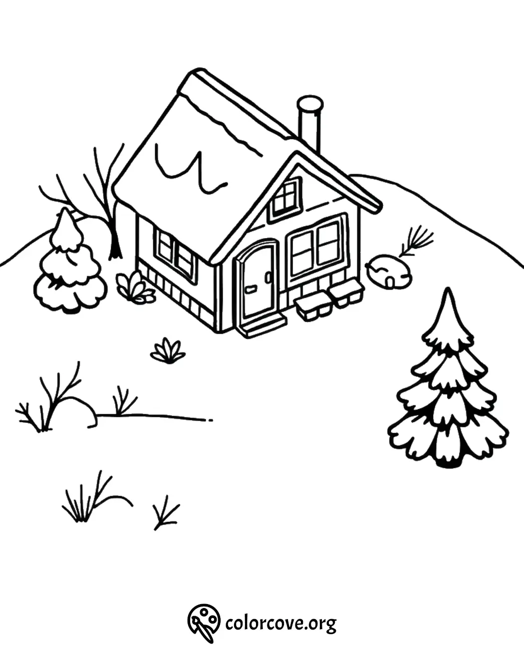 Cozy cabin in winter forest coloring page with snow-covered trees and hills.