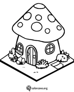 Mushroom house coloring page with rounded door, windows, and garden plants, perfect for kids' creative fun.