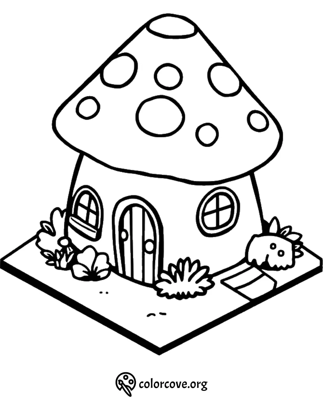 Mushroom house coloring page with rounded door, windows, and garden plants, perfect for kids' creative fun.