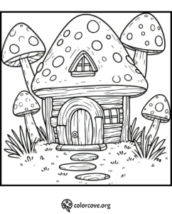 Mushroom house coloring page with whimsical design, ideal for kids' creativity and fun coloring activities.