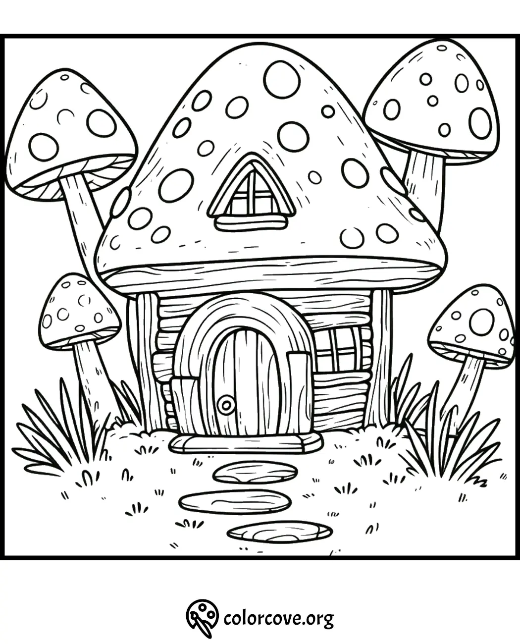 Mushroom house coloring page with whimsical design, ideal for kids' creativity and fun coloring activities.