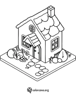 Cozy cottage coloring page with garden and path. Perfect for kids' creative coloring activities.
