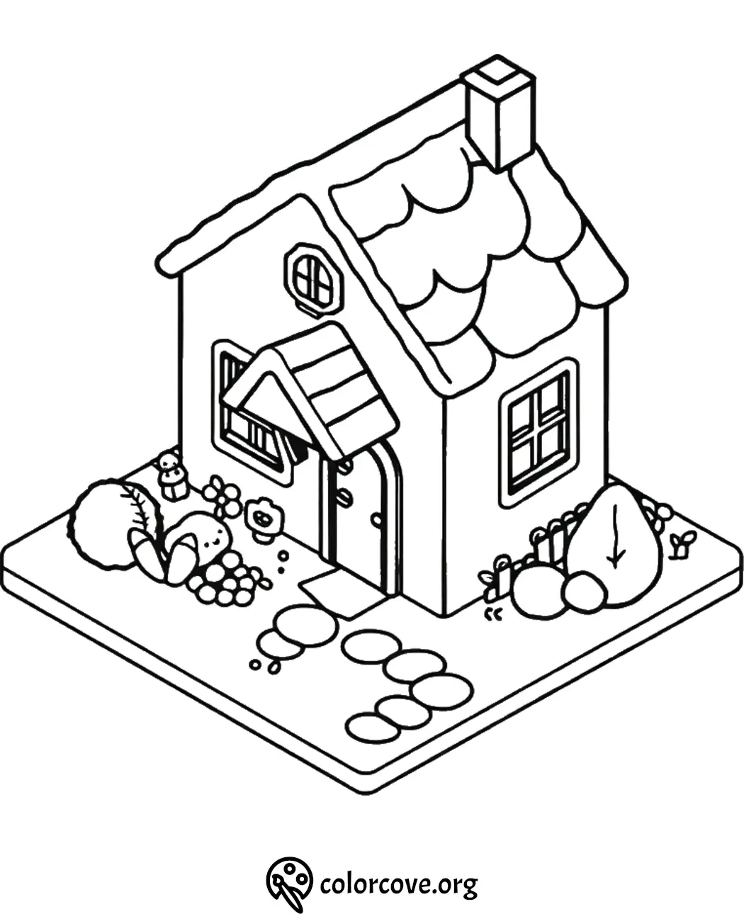 Cozy cottage coloring page with garden and path. Perfect for kids' creative coloring activities.