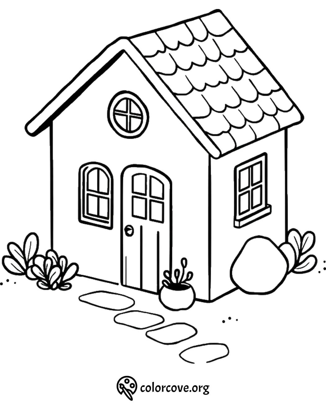 Charming cottage coloring page with garden path, perfect for kids' creative coloring activities.