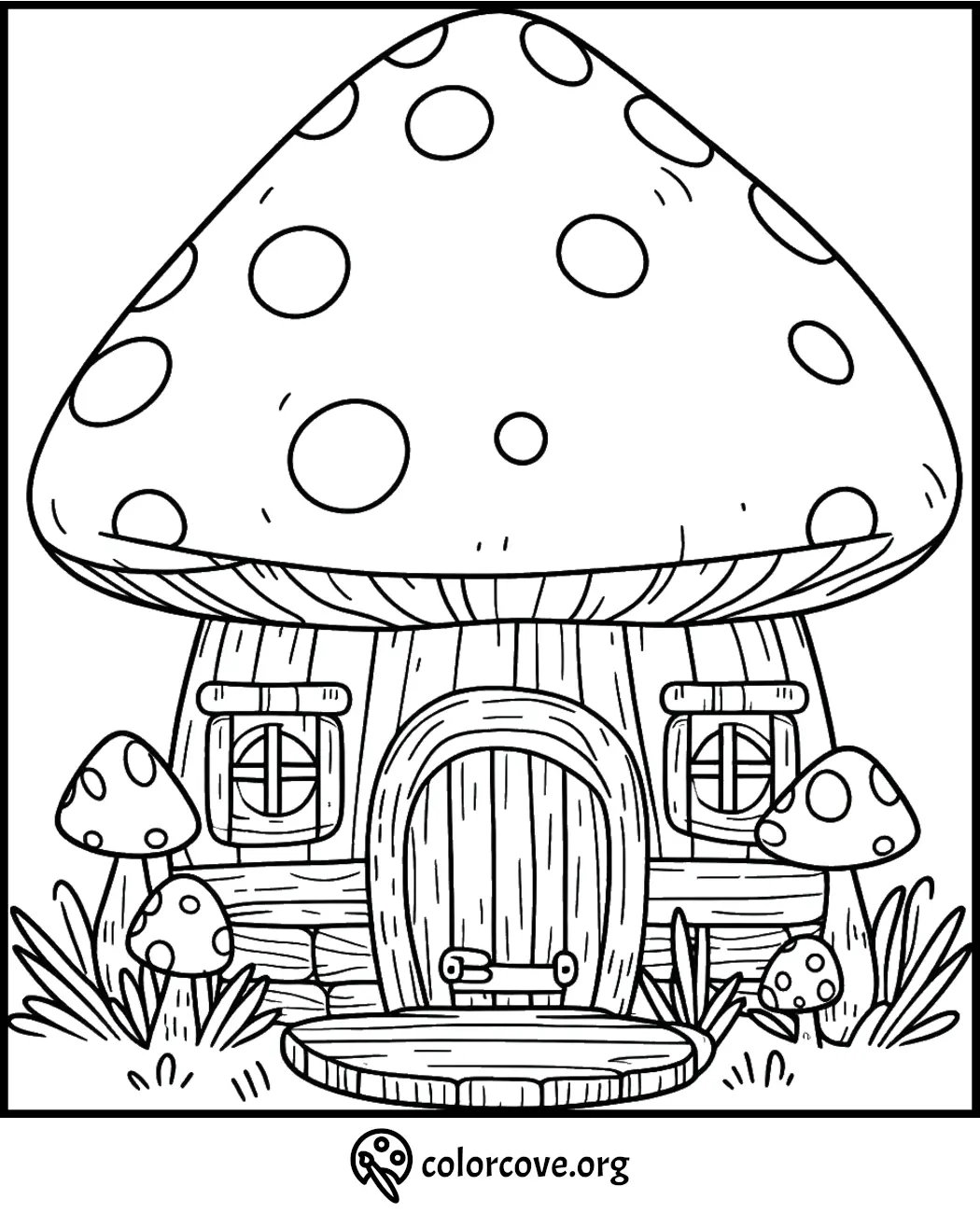 Coloring page of a whimsical mushroom house with round windows and door, surrounded by smaller mushrooms.