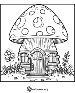 Mushroom house coloring page with garden and flowers, perfect for kids' creative activity and fun coloring time.