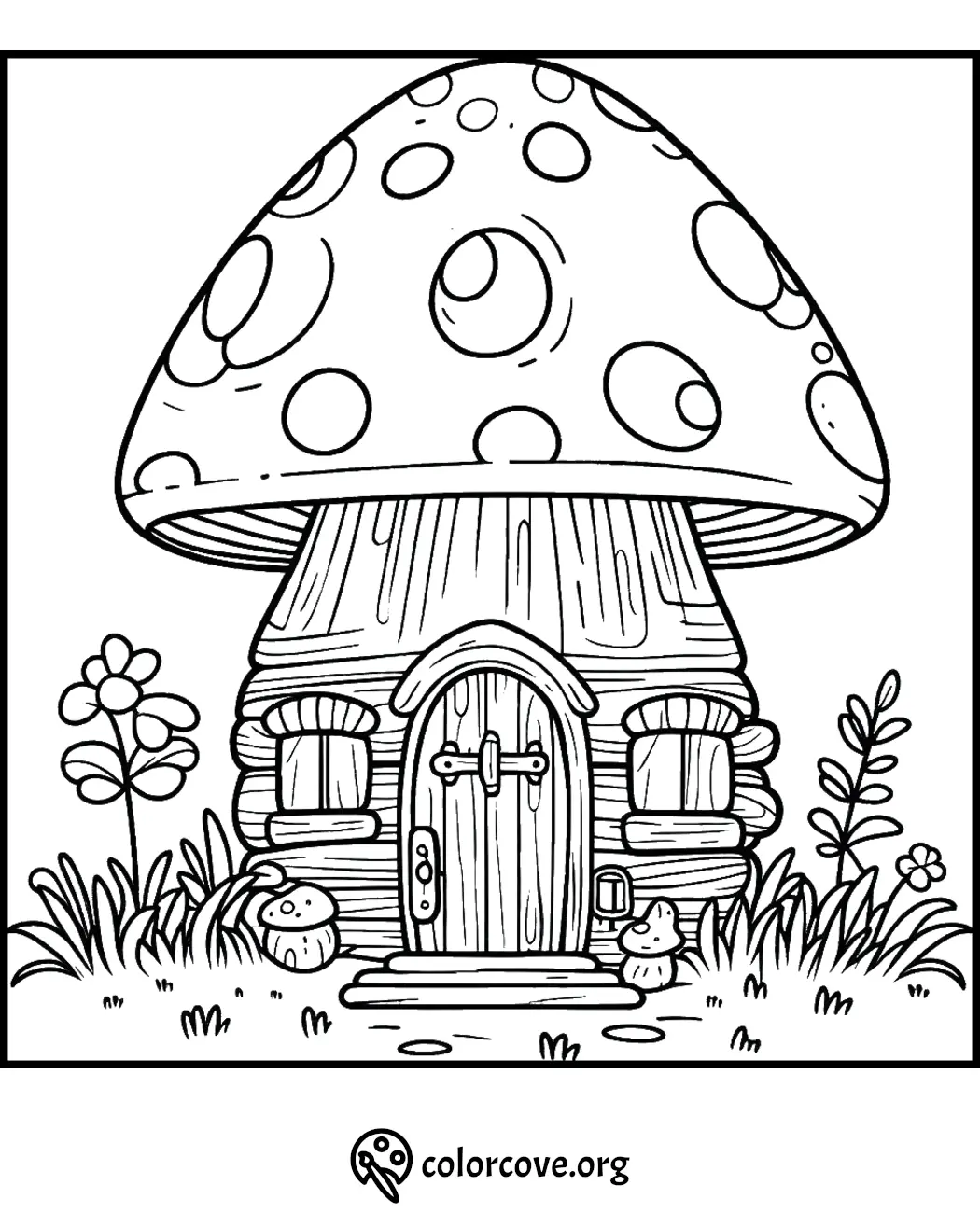 Mushroom house coloring page with garden and flowers, perfect for kids' creative activity and fun coloring time.