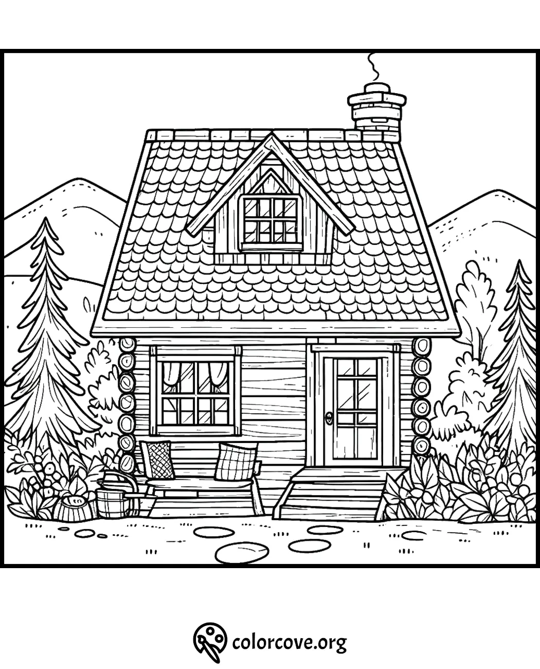 Cozy mountain cabin coloring page with trees and a pathway. Perfect for relaxation and creativity.